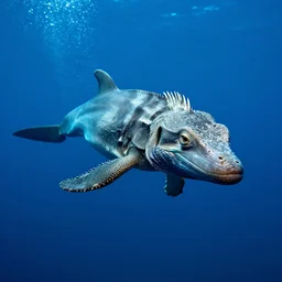 a lizard dolphin hybrid swimming in the deep ocean, great illumination, nice face