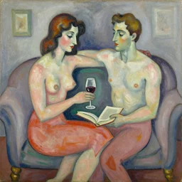 woman, man, intimate wine, book, sofa, by robert delaunay