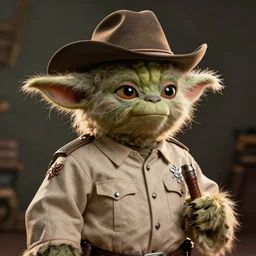 a vintage portrait of yoda as an old west sheriff, western, photography