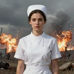 a portrait of an female nurse in a white dress and short sleeves, battlefield, backround explosions, cloudy, digital painting, artstation, concept art, donato giancola, Joseph Christian Leyendecker, WLOP, Boris Vallejo, Breathtaking, 8k resolution, extremely detailed, beautiful, establishing shot, artistic, hyperrealistic, octane render, cinematic lighting, dramatic lighting, masterpiece, light brazen, extremely detailed and beautiful face, centered, smooth, sharp focus