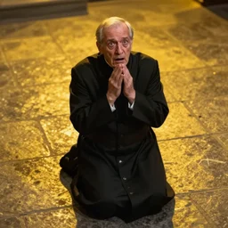 A terrified old catholic priest in black garb kneeled on a stone floor in passionate prayer. His eyes are wide open with fear. Ominous dramatic yellow lighting. High angle shot, award-winning digital art, trending on ArtStation