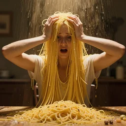 horrified person with their arms on their head because the room is full of spaghetti