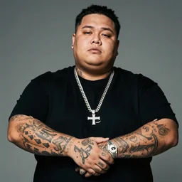 fat samoan gangsta rapper covered in tattoos, wearing a black shirt photo
