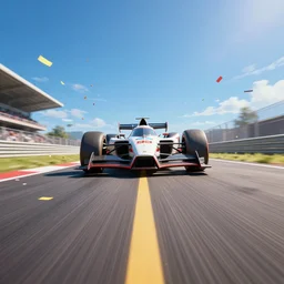angled up low wide angle shot worms eye view of a realistic futuristic vehicle racetrack winners with confetti on a sunny day with a clear blue sky, cyberpunk, digital painting, good value control, vibrant colors, rule of thirds, golden ratio, horizon line focus, sharp focus, 8 k, fourze, realistic textures, f - zero