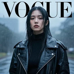 portrait photo of cyberpunk peru girl under rain, fashion editorial photography, from vogue magazine