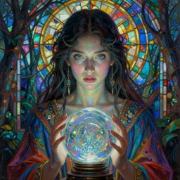 full view realistic front face of an ethereal gypsy woman with big eyes and a glowing face, crystal ball, photorealistic, wearing a colorful dress, in the style of in the style of ruan jia, peter mohrbacher, holographic undertones, ornate art nouveau zodiac astrology stained glass forest background, iconography, mystical painting, oil on linen, award winning, dramatic lighting, intricate details, cg, artstation