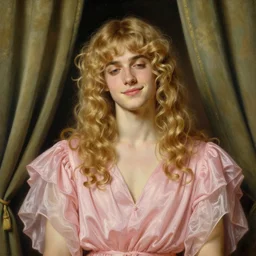 beautiful portrait painting of Dio Brando with long curly blond hair, delicate young man wearing a wispy pink silk dress smiling sleepily at the viewer, symmetrically parted curtain bangs, in love by J.C Leyendecker and Norman Rockwell