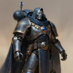 an epic potrait of knowledge seeking cloaked tech priest, Adeptus Mechanicus!!!, cybernetic enhancements, praise the omnissaiah, Zdzislaw Beksinski, Lewis Jones, mattias adolfsson, Warhammer 40K!!, cold hue's, warm tone gradient background, concept art