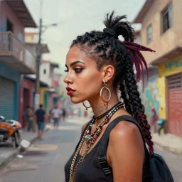 A digital portrait painting of an afropunk female character in a favela street, medium shot, asymmetrical, profile picture, edgy, painting by Alberto Mielgo, trending on artstation,
