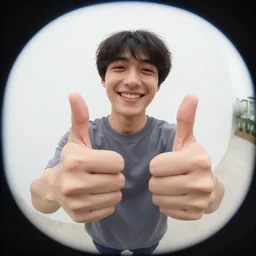 photo of a person smiling and giving a thums up out doors. fisheye lens