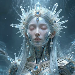 highly lifelike beautiful divine tribal high priestess water with adornments of crystals wide hdr whole infinite capsule apparent with awe an idea seep's into infinity, face axonometric mechanical fantasy intricate elegant, in void of latent space, volumetric lighting h 5 1 2