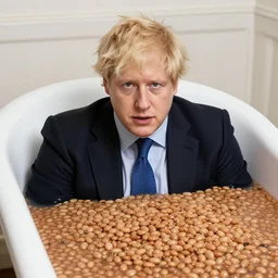 Boris Johnson sitting a bathtub filled with baked beans, photo