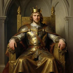attractive bradley james as king arthur pendragon, sat in his throne, big arches in the back, very detailed painting, by gaston bussiere, j. c. leyendecker