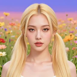 highly detailed closeup portrait of blonde pigtails woman in flowerfield, really epic gradient, by atey ghailan, by greg rutkowski, by greg tocchini, by james gilleard, by joe fenton, by kaethe butcher, gradient green yellow turqouise red white rainbow, black and white color scheme, grunge aesthetic, graffiti tag wall background