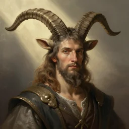 portrait of a man with goat horn, front view, god rays, studio lighting, by bouguereau, by Peter Paul Rubens, by Luis Ricardo Falero, by Brom, fantasy character, detailed illustration, hd, 4k, digital art, concept art, trending on artstation