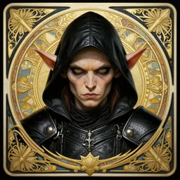 head-on symmetrical centered painted portrait, D&D goblin rogue, black leather armour, art nouveau, tarot card style, fantasy, intricate, elegant, highly detailed, smooth, sharp focus, illustration, artstation, in the style of Artgerm and Anna Podedworna and Alex Ross and Mucha