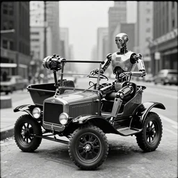 cyberpunk 1 9 0 8 model ford t by paul lehr, metropolis, parked by view over city, vintage film photo, robotic, silent movie, black and white photo