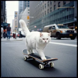 leica s photograph, kodachrome film, subject is a white furry cat riding on a skateboard that is rolling down broadway in nyc