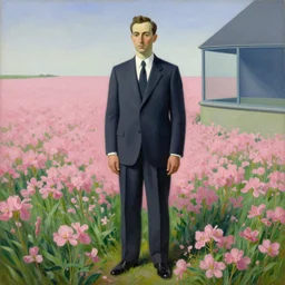 man in suit standing in the pink flowerfield, by rene magritte, by edward hopper, hyperrealism oil painting