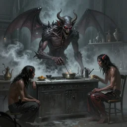 Supernatural Kitchen, photorealistic, demons, apparitions, mist and smoke, digital painting, artstation, illustration, concept art, smooth, sharp focus, art byMoebius Yasushi Nirasawa HR Giger