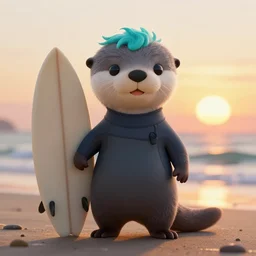 a cute anthropomorphic grey otter fursona furry on the beach wearing a wetsuit holding a surfboard, turquoise hair orange nose, smiling, sunset, volumetric light, detailed, photorealistic, 4 k, hdr, artstation, deviantart, digital illustriation