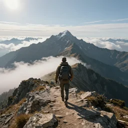 a hyper detailed photo of walking across a summit of a beautiful mountain range, above the clouds, photorealistic, unreal engine 5, 8 k post production, cinematographic, ray tracing, v - ray, octane render, go pro, artstation trending, concept art