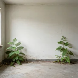 realistic photo of an abandoned room, plants growing around the creacking wall, sunlight from right, there is vending machine in it, 8 k, octane renderer