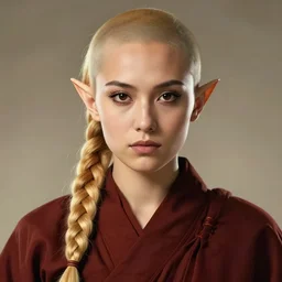 tall female half elf with short ears, long blonde single braided hair, almond shaped dark brown eyes with long lashes, big forehead with a round tapered face, sharp nose with rounded edges, full lips, monk fighter, portrait illustration, cinematic lighting