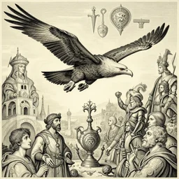 masterpiece desert eagle soaring over medieval cunning unholy artifacts, by Edgar Maxence and Ross Tran and Michael Whelan and Da Vinci and Caravaggio and J.M.W Turner and Brueghel intricate line drawings, unknwon intercession, detailed and beautiful intricate faces, 4k resolution