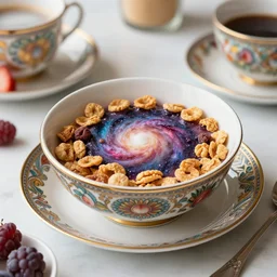 a picture of a breakfast table with a cereal bowl filled with a nebula, highly ornate, detailed, colorful
