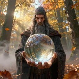 god rays, ultrasharp, cinematic, octane render, art by john berkley, falling autumn leaves are reflected in the ball, foggy bottom, portrait of mighty wizard holding in hand huge clear glass fresnel ball in the sunshine autumn forest, clyde caldwell, detailed, epic composition, greg rutkowski, artstation