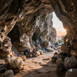 mystical cave full of rare quartz stones carved on rock, under a sun indirect light, drammatic light, volumetric light, sunset enviroment, shadow effect, surrealism, beautiful, trending on artstation, best photography, full of details 8 k, high quality, wide view