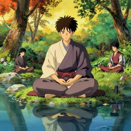 physically based render, samurai meditating by a serene reflection pool, feudal japan, vivid complementary colors, beautiful linework, octane render, professional concept art by jonathan hickman, miyamoto mushashi, ghibli, alphonse mucha, reads, ross tran, rutkowski, grenier, octane render, marvel, dc, dnd