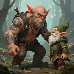 fantasy art of troll being tatooed by a gnome, modern clothing, by tony sart, rpg, pathfinder, dnd, artstation, deviantart, shadowrun