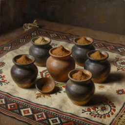 a painting of a few small open pots containing brown powder disposed on a beautiful indigenous fabric, matte painting, by christophe vacher