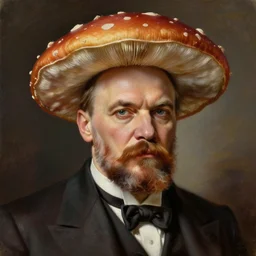 A detailed portrait of Vladimir Lenin with a mushroom for a head. Painted by Grant Wood
