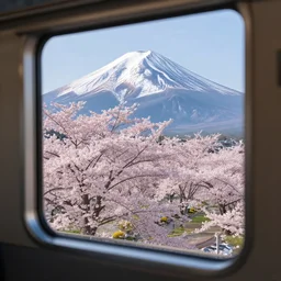 a photo of mount fuji, over a sakura forest, seen from a window of a train. beautiful!