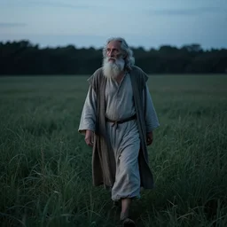 old prophet wandering about a meadow. cool twilight lighting, early morning, iso 1 2 0 0