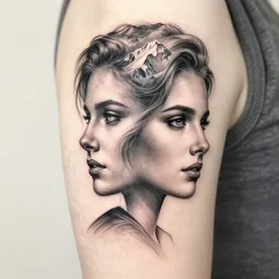 double exposure tattoo design sketch of beautiful margot's robbie's face looking like beautiful mountains, in the style of matteo pasqualin, amazing detail