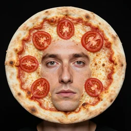portrait of man with facial deformity making the head a flat and circular disc, looking like a pizza, doughy skin with baked crust appearance, freckles like burnt spots, blemish like features that look like tomato slices, soft lighting, muted colors, sharp focus, highly symmetrical, black background, masterpiece, case photo by annie leibovitz