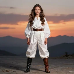 cloth, white fabric, jodhpurs high black or brown lether boots and belts, fashion retro, elegant long hair brunette young girl, dark fantasy traveler, sunset light, geometrical low poly, dainty renaissance portrait by michael garmash, greg rutkowski, gaston bussiere, rhads, craig mullins