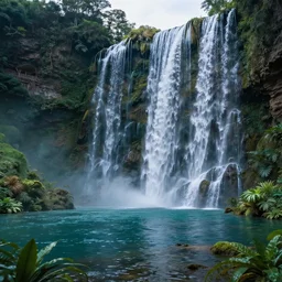 ultrarealistic photo, wallpaper, cosmic alien waterfalls, plants, and lake, insanely detailed and intricate, natural day lighting, pictures of landscapes, turquoise water, worm red light, red trees,