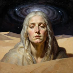 solitude of wise old beautiful face woman Desert Spirit, under galactic quarrel mythological resolution, in the style of Frank Frazetta, Jeff Easley, Greg Rutkowski, Caravaggio, extremely clear and coherent, clear lines, 8K revolution