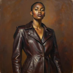 detailed portrait in strong femininity, ethnic, realistic face sculpted features, statuesque model, low perspective, modern fashion, tight regal long leather jacket, warm glow, supple, bathed in light, chiaroscuro, specular highlights, angular impressionism, radiosity, deep rich tones, contemporary art, oil on canvas