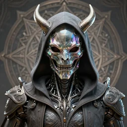 front shot of a ancient futuristic cyberpunk hooded dead biomechanical demon in dichroic glass mask mastermind character, intricate, elegant, highly detailed, centered depth of field. mandala background, (((artstation, concept art, smooth, sharp focus, artgerm, Tomasz Alen Kopera, Peter Mohrbacher, donato giancola, Joseph Christian Leyendecker, WLOP, Boris Vallejo))), octane render, unreal engine, 3d render, macro mugshot!!!!!, ugly!!!!!!, octane render, nvidia raytracing demo, grainy, muted