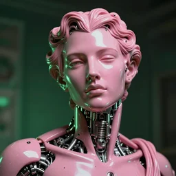 hyperrealistic hyperdetailed neoclassical mechanical iridescent pink humanoid winking concept art santiago caruso de chirico sharp very dramatic green light 8k low angle shallow depth of field
