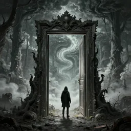 a normal doorway leading to an endless twisting inverted nightmare landscape, rhads!, strange trees and clouds, a hooded figure, a lone adventurer, ( h. r. giger )