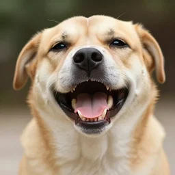 incredibly pained happy dog that is crying tears of pain because of how happy he is, bulging and manic wide insane smile, poor dog