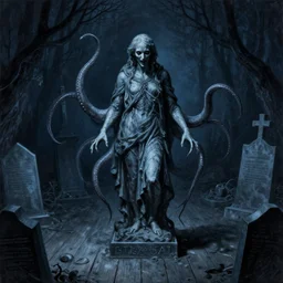 gothic cemetery, wooden floor, statue, darkness, evil, creepy, science, 1 9 century, hard atmosphere, lovercraft, insmouth, tentacles, artwork, paint, blue tones, detailed, by bastien lecouffe deharme, by jeremy mann, by alexander fedosav