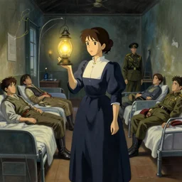 1 8 5 4 crimea, florence nightingale holding lamp, army hospital in scutari at night, wounded patients in beds on both sides of hospital ward, finely detailed perfect art, painted by greg rutkowski makoto shinkai takashi takeuchi studio ghibli